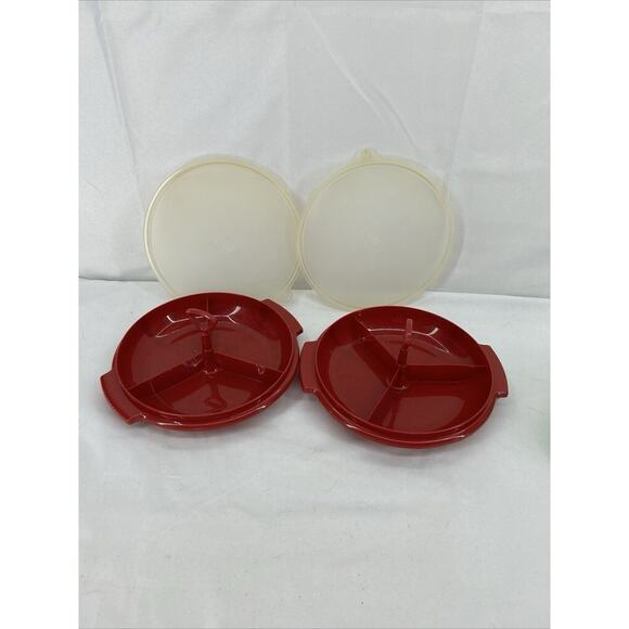 Tupperware 2 Suzette Red 608 Sectioned appetizer trays Lid & Handle VGUC! - Picture 1 of 12